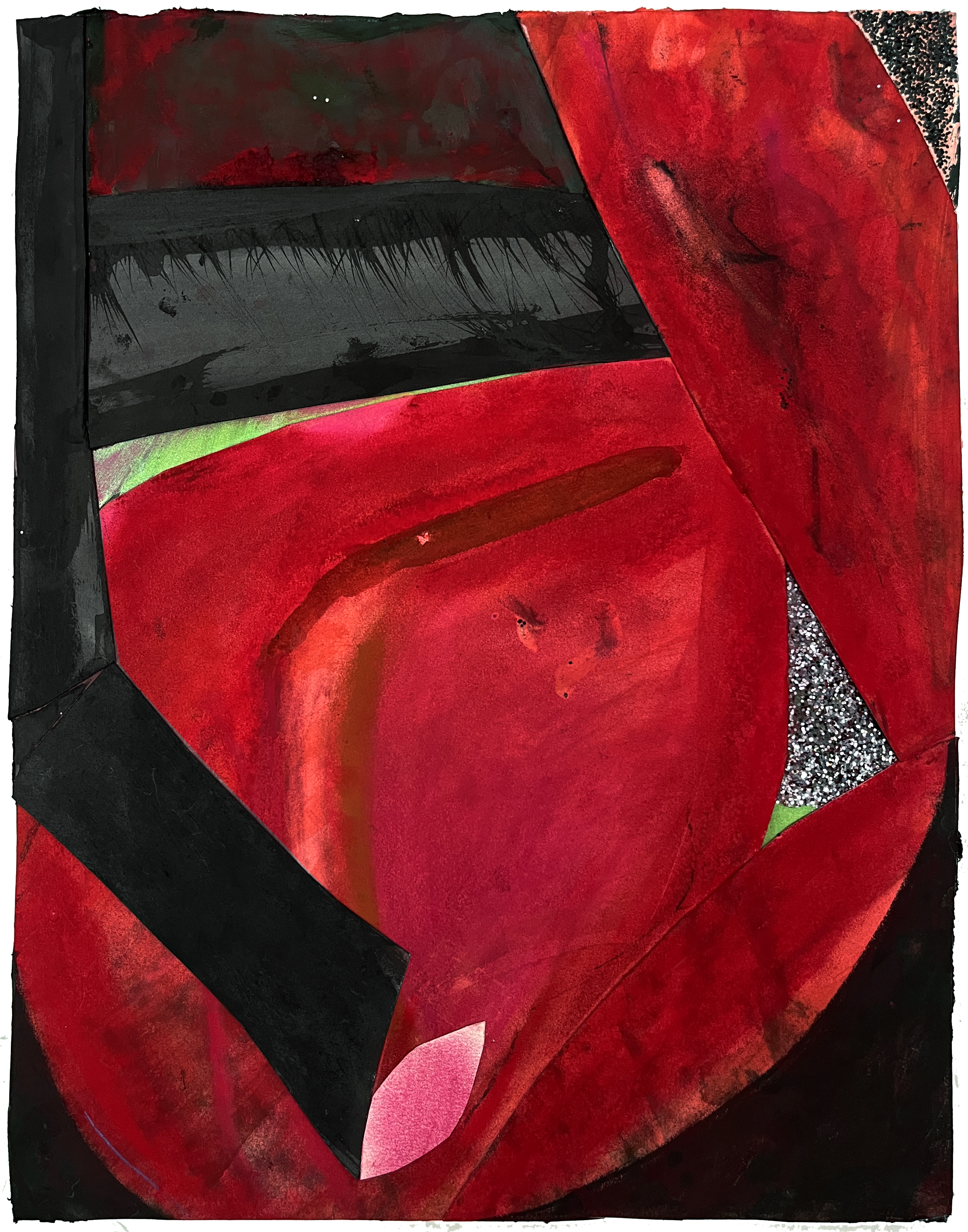 Enhanced Flavor, custom white frame and white mat at 25x19_, ink, charcoal, glitter and acrylic on watercolor paper, 2025, AVAILABLE